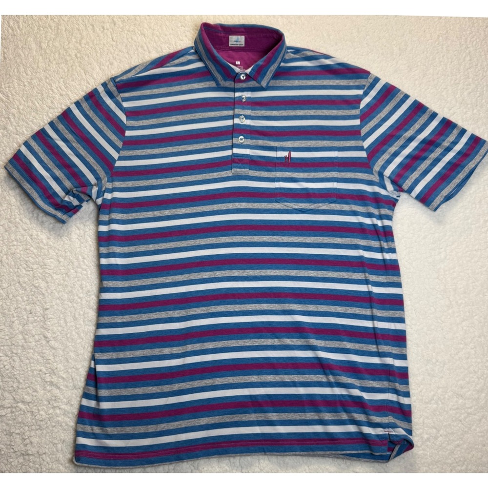 Johnnie-O Hangin' Out Mens Striped Polo Shirt with Pocket Casual Top - Large